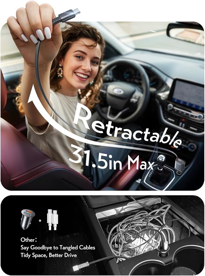 Retractable Car Charger USB C, [Upgraded 72W Max] | Car Accessories，Gifts for Men Women Him Her Car Charger for iPhone/Android Truck RV Electronics
