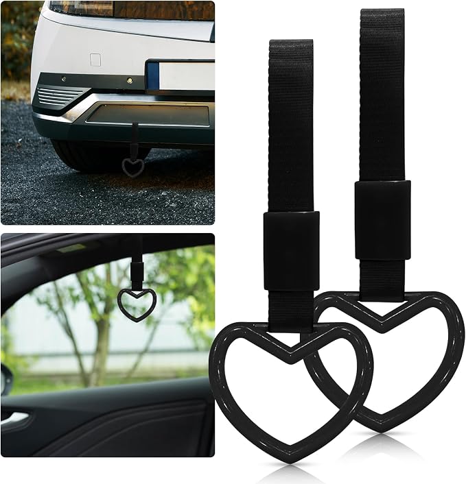 2 Pcs Heart Shaped Car Handle Strap – Drift Charm Rear Bumper Warning Ring Decor for Car Interior Exterior, Subway Bus Handle Accessory, Cute Heart Car Decor Gift for Women & Men (Black)