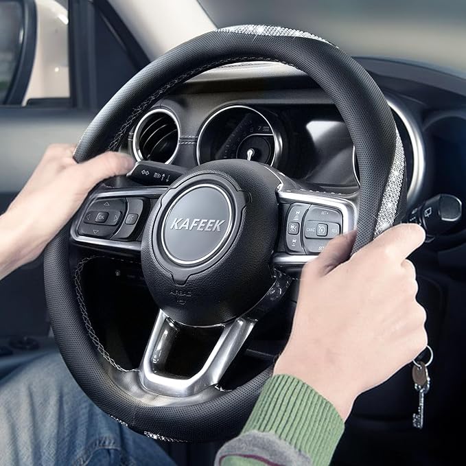White Crystal Steering Wheel Cover, Sparkly Clear Diamond Breathable Leather Car Protector, Universal 15 Inch Fit for Women Girls, Anti-Slip Comfortable, Silver White
