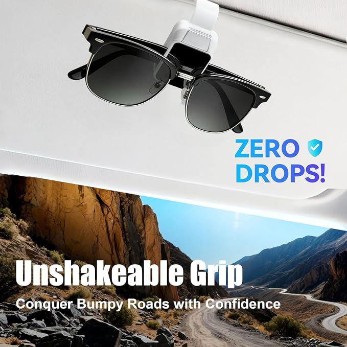2 Pack Sunglasses Holder for Car, One-Handed-Operation Visor Sunglass Holder Clip, Easy Access Storage for Driving,Universal Fits (White)