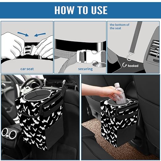 Car Trash Can with Lid Black and White Goth Bats Collapsible Reusable Leak-Proof Auto Garage Bag,Hanging Vehicle Car Accessories Interior Car Organizer