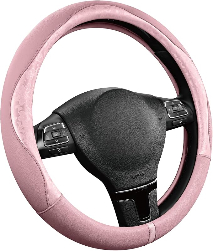 Steering Wheel Cover, Pink Patterned Leather Patchwork Design, Universal Fit 14.5"–15.5", Anti-Slip, Odor-Free, Soft PU Grain Leather, Durable Grip Car Accessory for Girls & Women