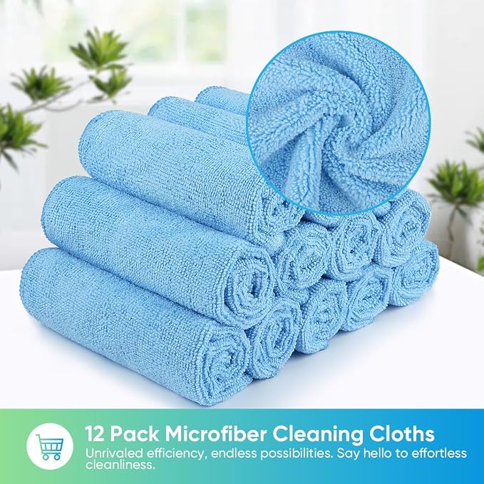 Blue Microfiber Cleaning Cloth, 12 Pack Premium Microfiber Towels for Cars, Lint Free, Scratch-Free, Highly Absorbent, Reusable Cleaning Rags for Car, Household, Kitchen, Window,11.5"X11.5"