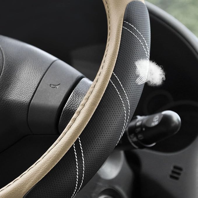 Sport Leather Steering Wheel Cover 14 1/2 inch to 15 inch Universal, Padded Soft Grip Breathable for Car Truck SUV Jeep, Anti Slip Odorless Black and Beige