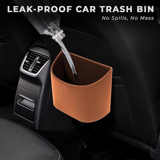 Leather Car Trash Can – Leakproof & Easy-to-Clean Car Trash Bin for Luxury Cars, SUVs & Trucks | Includes 60 Custom Liners, Secure Hook, Easy Install, Brown