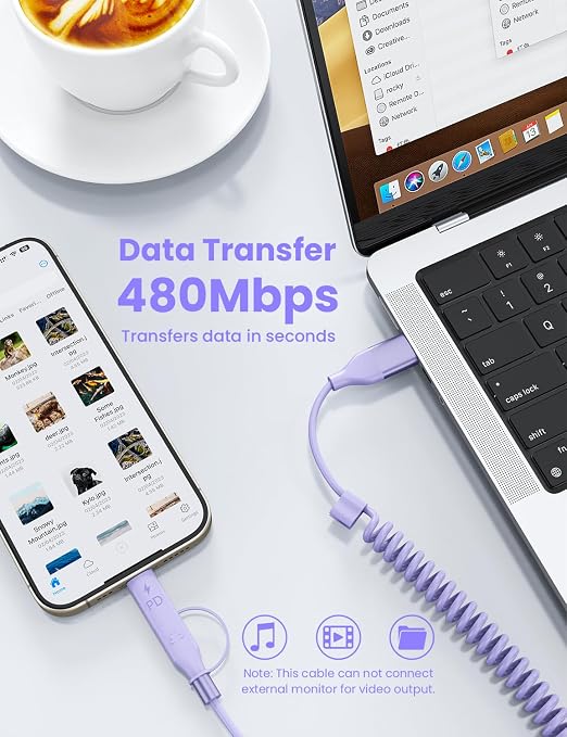 Purple USB-C and Lightning Cable 2-in-1, 3-FT iPhone 17 16 15 Car Charger Cord, 60W Fast Charging Cable for iPhone, Samsung Galaxy Supports Apple CarPlay & Android Auto