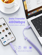 Purple USB-C and Lightning Cable 2-in-1, 3-FT iPhone 17 16 15 Car Charger Cord, 60W Fast Charging Cable for iPhone, Samsung Galaxy Supports Apple CarPlay & Android Auto