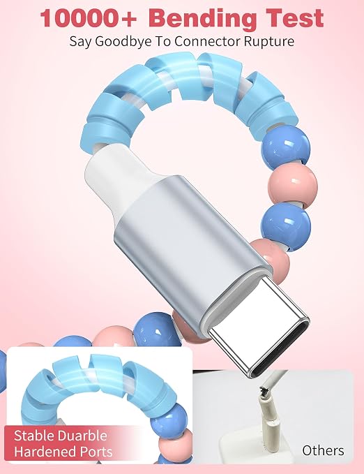 USB A to USB C Cable 3FT,Beaded Charger Cord for iPhone 17 16 Pro Max 16e 15 Car play,Cute TypeC Car Charger Charging Cord for iPad 10 11th/Samsung S26 S25 S24/Pixel/Android Phone Girls Women,PinkBlue