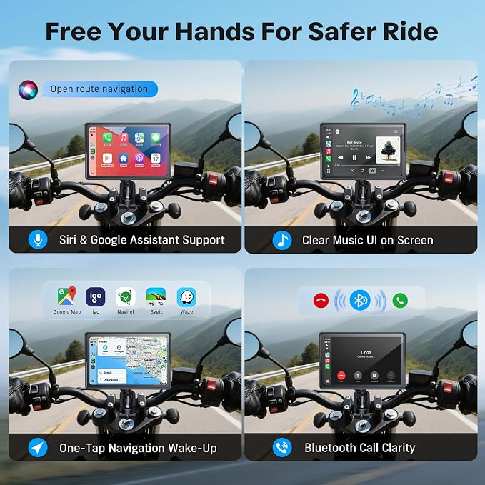 5 Inch Motorcycle Carplay GPS Navigation System with Apple Carplay and Android Auto Portable Screen with Dual Bluetooth, Navigation, Siri, Google Assistant（Not Inchluded TPMS）