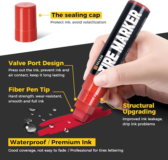 Jumbo Tire Marker White Red - 4 Pack 15mm Wide Tip Paint Pens for Car Tires Lettering, Large Capacity Premium Ink Waterproof Permanent Markers
