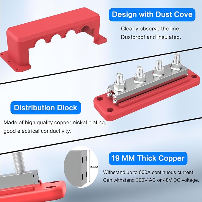 600A Bus Bar 12V Heavy Duty Waterproof Power Distribution Block with 4 x M10(3/8") Terminal Studs Marine Bus Bar with Cover Battery Terminal Block for Car RV Marine Boat - Positive & Negative