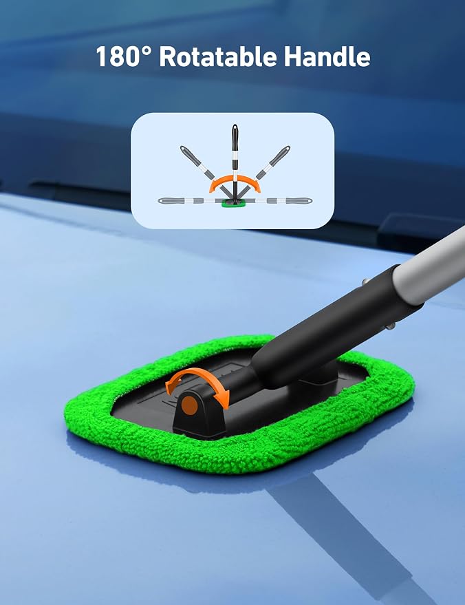 Windshield Cleaner, Microfiber Window Cleaner with 4 Reusable Washable Large Sponge Pads, Extendable 180° Rotating Handle, Fits Cars & SUVs, Includes Spray Bottle, Green