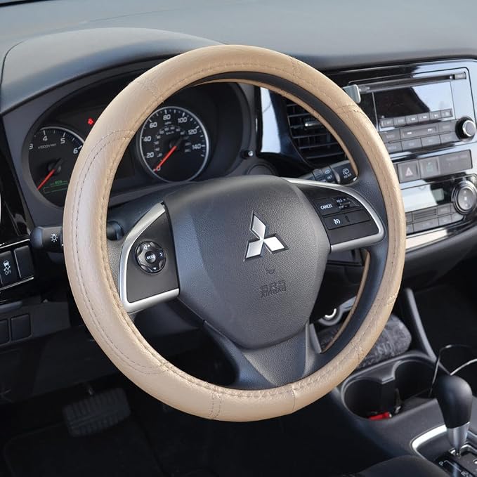 Ergonomic Grip Steering Wheel Cover - Leather Performance Grip for Standard Size Wheels 14.5-15 inch Beige