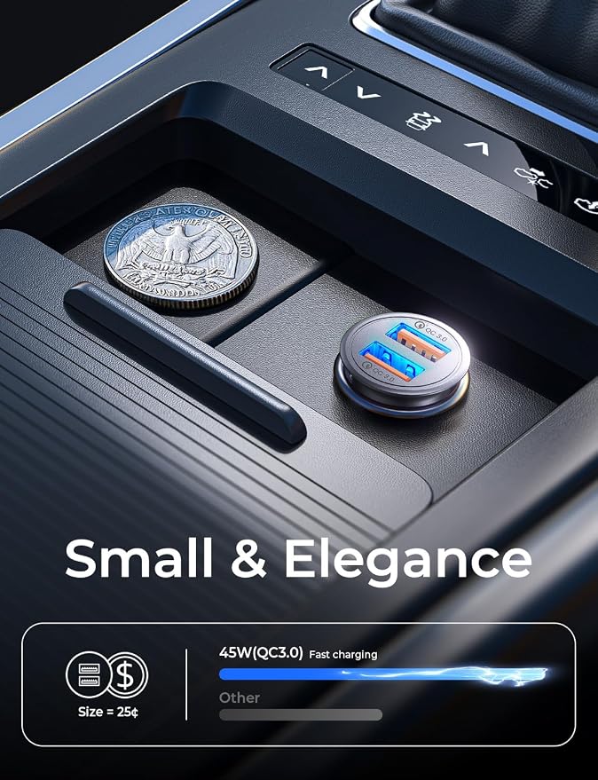 AINOPE QC 3.0 USB Car Charger, 45W Cigarette Lighter USB Charger, Fast Car Charger for Android, [Mini & Aluminum Alloy] 12V Cigarette Lighter Adapter for iPhone 17 16 15 14 13 12 11 Pro Max X