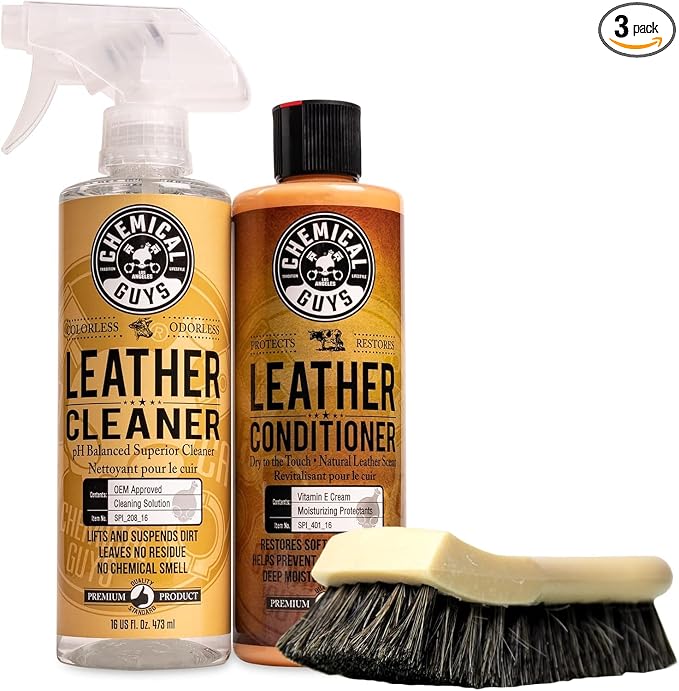 SPI410 Leather Cleaner and Conditioner Bundle with ACC_S95 Long Bristle Horse Hair Leather Cleaning Brush, Safe for Car, Home, Office, & More (3 Item Bundle with 2-16 fl oz Bottles)
