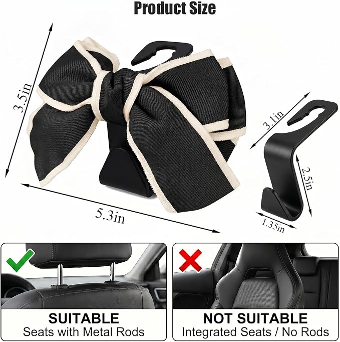 2 Pack Cute Bow Car Seat Headrest Hooks, Purse Hook for Car, Car Purse Hanger for Bags, Backseat Storage Organizer, Universal Vehicle Hooks for Women, Sedan SUV Truck, Black/White