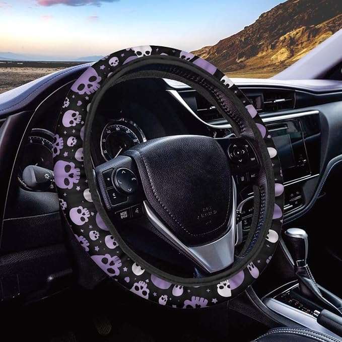 Car Steering Wheel Cover for Women Men, Soft Neoprene Stretch Anti-Slip 15 Inch Steering Wheel Protector Universal Halloween Auto Decor, Purple Skull Print