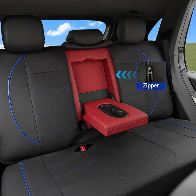 14 PCS Leather Car Seat Covers Full Set, 14.5”-15'' Sporty Steering Wheel Cover Universal, Center Console Cover, Seat Belt Cushion, Cup Holder Coaster, Car Interior Set Blue