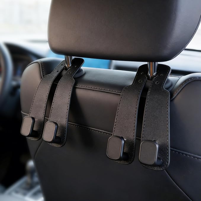 Headrest Hooks for Car, 2 Pack Twin Hook Leather Car Seat Headrest Hangers, Luxurious Heavy-Duty 100% Metal Purse & Bag Holder, Seat Back Storage Organizer for Travel, Black