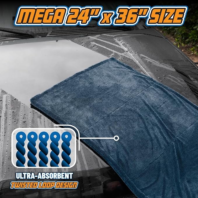 Megalodon Microfiber Drying Towel with Twisted Loop Technology, Super Plush Absorbent 24" x 36" Microfiber Towel for Cars, Trucks, SUVs, RVs, and More, Extra Large Dark Blue Drying Cloth