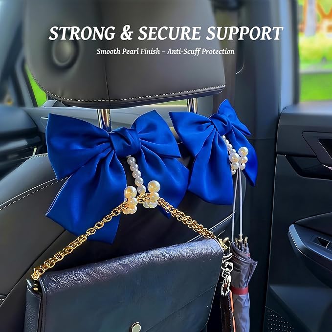 2 PCS Bow Pearl Car Seat Headrest Hook – Cute Purse Hook for Car, Girly Interior Decoration Accessories Hook Hanger, Seatback Holder for Purses & Bags, Elegant Car Organizer (Deep Blue)