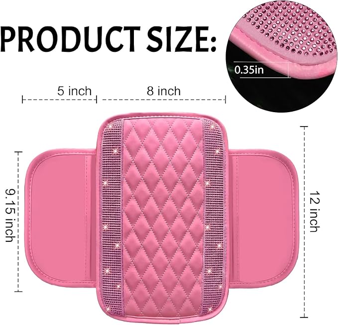 Bling Pink Car Center Console Cover, Leather Car Arm Rest Cover with 2 Storage Bags, Universal Auto Armrest Protector Storage Box, Pink Bling Accessories Interior for Most Vehicles