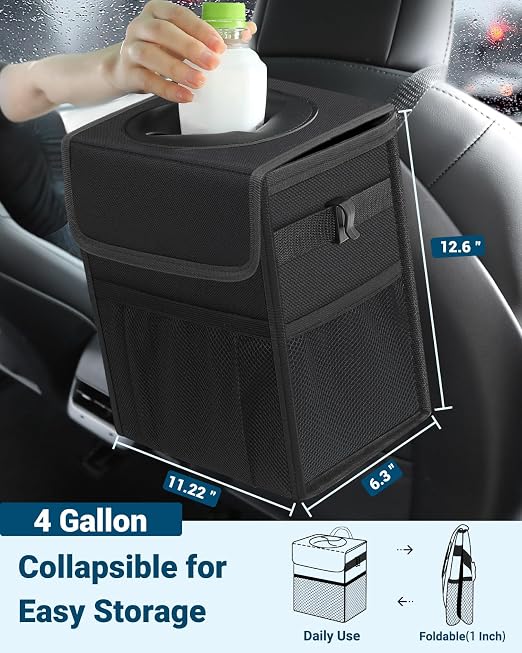 Car Trash Can with Lid, Leakproof Car Trash Bag Hanging Waterproof Automotive Garbage Can with Storage Pockets Mini Vehicle Trash Bin for Back/Front Seat(Black,4 Gallon)