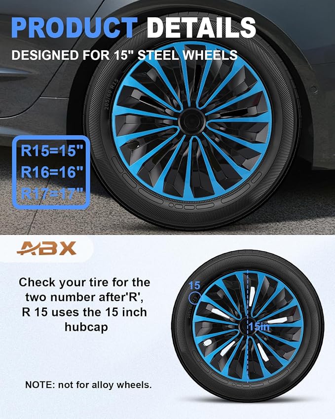 Hubcap Wheel Covers Hub Caps 15 Inch Set of 4 Black & Blue Universal Wheel Rim Cover R15 Stylish Car Decor Wheel Covers for Toyota Camry Nissan Mazda (TT Black & Blue, 15 inch)