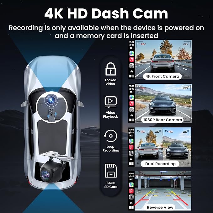 Wireless Apple CarPlay Screen for Car, 9" Portable Carplay & Android Auto Touchscreen Stereo with 4K Dash Cam 64GB SD, Car Radio with App Control, Bluetooth 1080P Backup Camera, GPS, Voice Control, FM