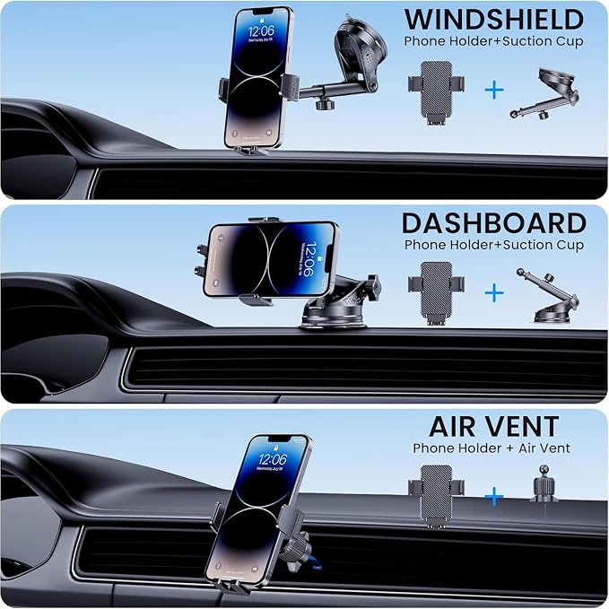 Phone Holder Car [Military-Grade Suction] Universal Car Phone Holder [Thick Case Friendly] Automobile Accessories Dashboard Air Vent Windshield Phone Mount Fit for iPhone Android Smartphones