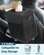 Car Trash Can with Lid, Leakproof Car Trash Bag Hanging Waterproof Automotive Garbage Can with Storage Pockets Mini Vehicle Trash Bin for Back/Front Seat(Black,2.5 Gallon)