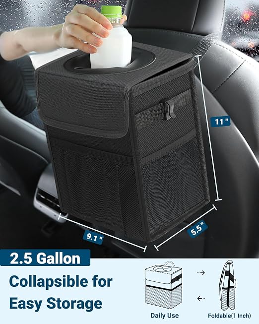 Car Trash Can with Lid, Leakproof Car Trash Bag Hanging Waterproof Automotive Garbage Can with Storage Pockets Mini Vehicle Trash Bin for Back/Front Seat(Black,2.5 Gallon)