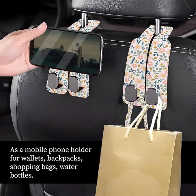 Car Seat Headrest Hook, Universal Leather Cute Hanger Holder Hook, Storage Organizer Interior Accessories for Purse Bags Handbag Cute Boho Flowers