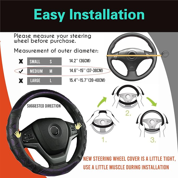 Steering Wheel Cover Great Grip with 3D Honeycomb Anti-Slip Design, Universal 14.5-15 Inch (Purple)