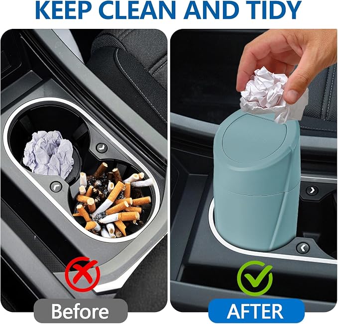 Mini Car Trash Can with Lid, Portable Garbage Can for Car, Leakproof Cup Holder Automotive Garbage Bin with 2 Rolls of Trash Bags, Small Trash Storage Can for Car Home Office(Dark Green)