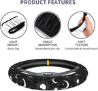 Black White Sun Crescent Stars On A Blue Mystical Ornament Steering Wheel Cover Car Accessories Cute for Women Girls Girly Universal 15 Inch Neoprene Auto Interior Decor Anti Slip Car Truck Protector