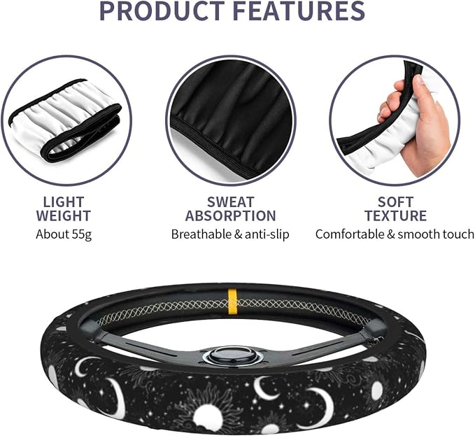 Black White Sun Crescent Stars On A Blue Mystical Ornament Steering Wheel Cover Car Accessories Cute for Women Girls Girly Universal 15 Inch Neoprene Auto Interior Decor Anti Slip Car Truck Protector
