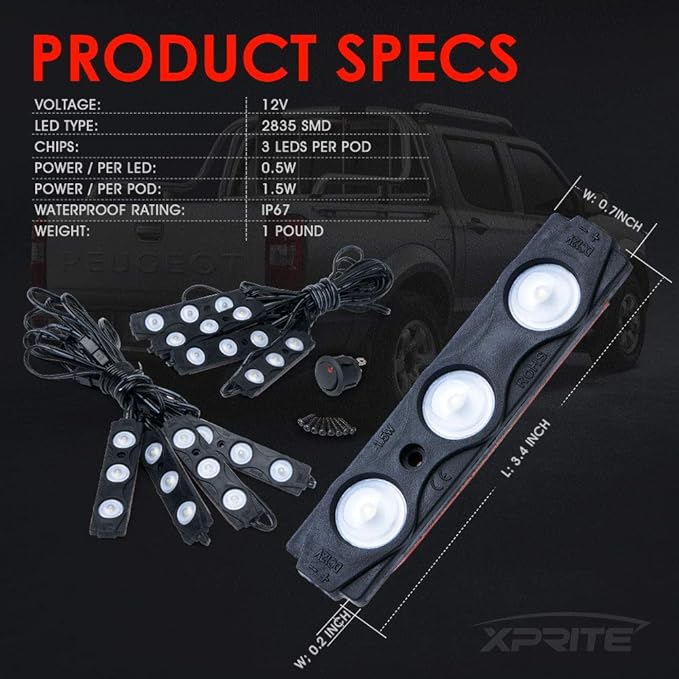 White Truck Pickup Bed Light Kit, 24 Led Cargo Rock Lighting Kits w/Switch for Van Off-Road Under Car, Side Marker, Foot Wells, Rail Lights - 8 PCS