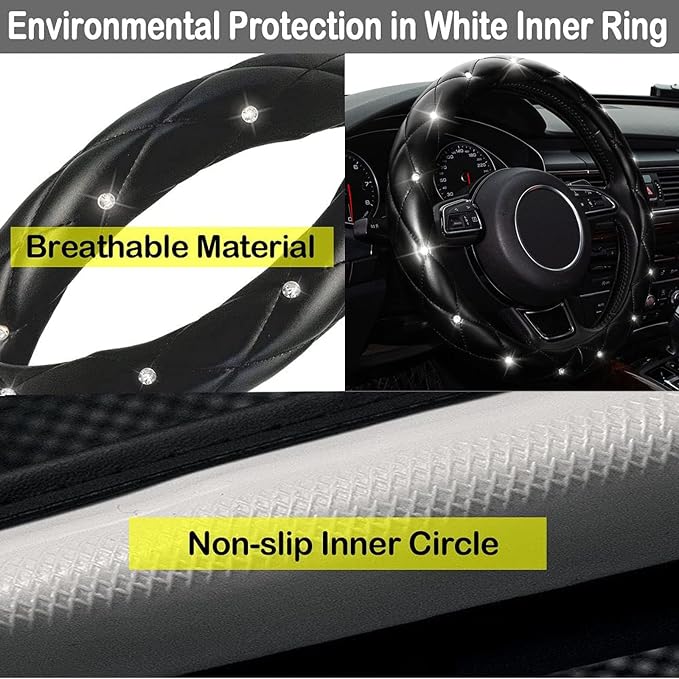 Diamond Leather Bling Steering Wheel Cover, Universal Car Steering Wheel Protector with Crystal Rhinestones Anti-Slip Soft Interior Accessories for Women and Girl Fit 15 inch -Black