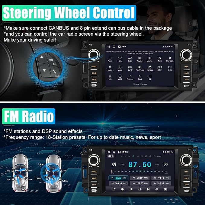 Android Car Stereo for Jeep Wrangler JK 2007-2018 Dodge RAM | RAM 1500 2500 3500 2009-2012, Carplay Android Auto Support, Built in Bluetooth WiFi, 2G RAM 32G ROM