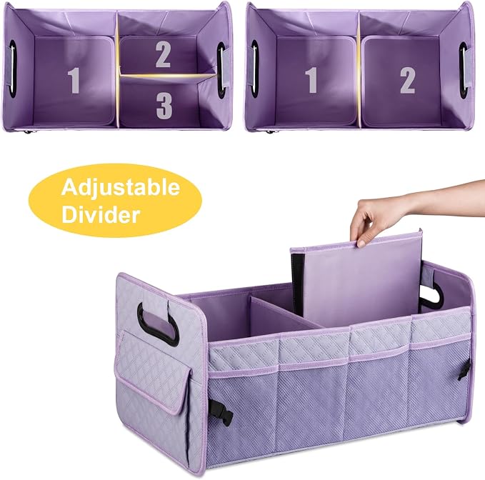 Car Trunk Organizers and Storage for SUV, Collapsible Multi Compartment Container Box Adjustable Car Accessories for Women Men, Light Purple