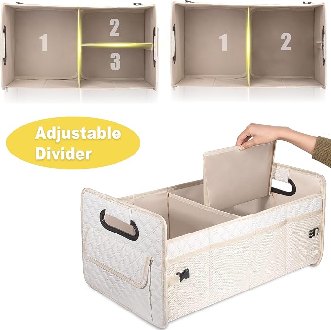 Car Trunk Organizer for SUV, Car Storage Organizer Collapsible Multi Compartment Container Box, Adjustable Car Accessories for Women/Men, Large Beige