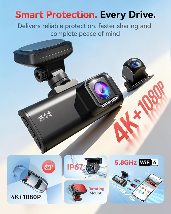 F7N-N 4K Dash Cam Front and Rear, 5.8GHz WiFi-20 MB/s Fast Transfer Dashcam, 2160P/FHD Car Camera with GPS Tracking, 3.18" Screen, WDR Night Vision, 170° Wide Angle, 24H Parking Mode
