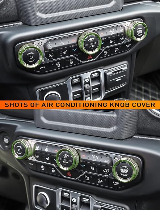 HVAC Climate Control Panel Knob Trim Kit & Light Control Switch Cover, Air Conditioner Knob Aluminum Alloy Ring for 2018-2024 Jeep Wrangler JL JLU & Gladiator JT, Interior Accessories, Green