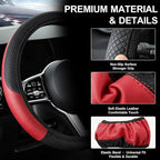 Car Steering Wheel Cover, 15 inch Carbon Fiber Microfiber Anti-Slip Breathable PU Leather Elastic Steering Wheel Protector, Car Interior Accessories for Most Cars (AD-red)