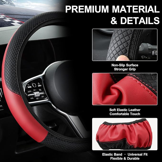 Car Steering Wheel Cover, 15 inch Carbon Fiber Microfiber Anti-Slip Breathable PU Leather Elastic Steering Wheel Protector, Car Interior Accessories for Most Cars (AD-red)