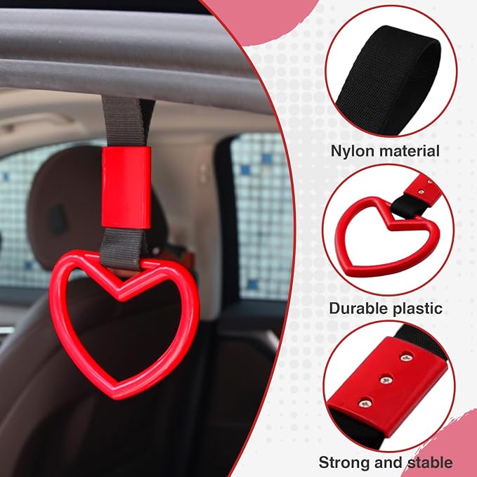 2PCS Heart Shaped Car Handle Straps, Rear Bumper Warning Keychain Ring Charm for Car Exterior Accessories (Red)