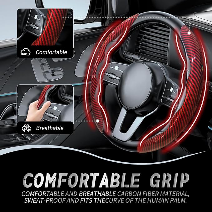 2pcs Car Steering Wheel Cover,Anti-Skid Carbon Fiber Steering Wheel Protector for Men Women,Multiple Color Options,Universal for Most Car Interiors Accessories (Bright Red)