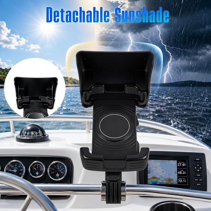 2 Packs Boat Phone Holder, Marine Cell Phone Holder with Sunshade, Black 360 Degree Adjustable Knob Crab Clamp, Smartphone Accessory for Boat Rail, Car, Cycling, Pontoon and Outdoor Use