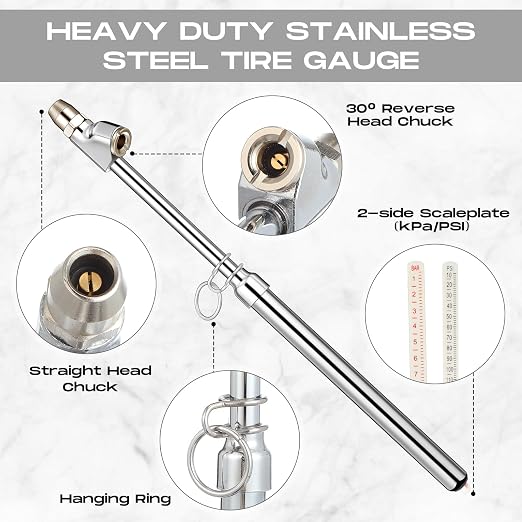 10 Pack Tire Pressure Gauge Silver Heavy Duty Air Pressure Tire Gauge Dual Head Semi Truck Tire Pressure Gauge Range 10-150 Psi, Extended Tube Tire Gauge Suitable for Semi Truck, and Bus